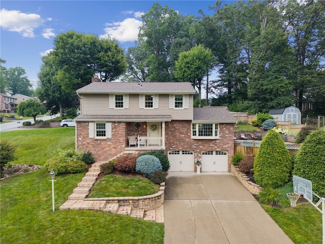 511 Brunswick Dr, Hempfield Twp, PA 15601 - traditional-style home featuring concrete driveway, brick siding, a chimney, an attached garage, and a shed