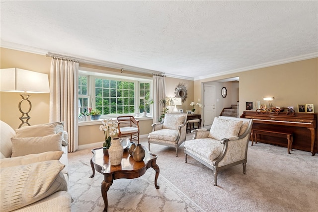 511 Brunswick Dr, Hempfield Twp, PA 15601 - living room with a textured ceiling, crown molding, light colored carpet, and stairs