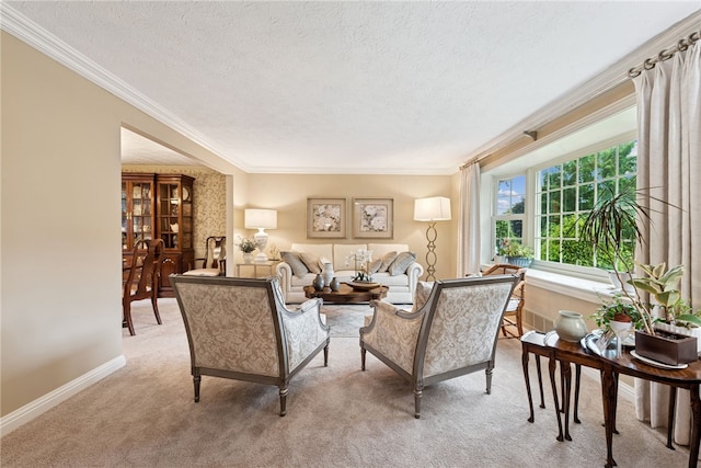 511 Brunswick Dr, Hempfield Twp, PA 15601 - living area with a textured ceiling, light carpet, and ornamental molding