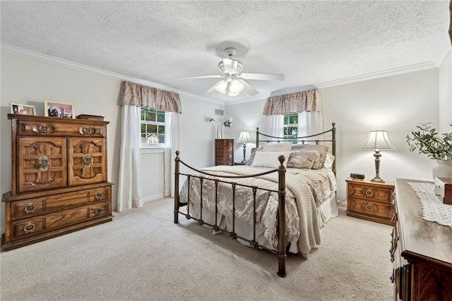 511 Brunswick Dr, Hempfield Twp, PA 15601 - bedroom with light colored carpet, crown molding, a ceiling fan, and a textured ceiling