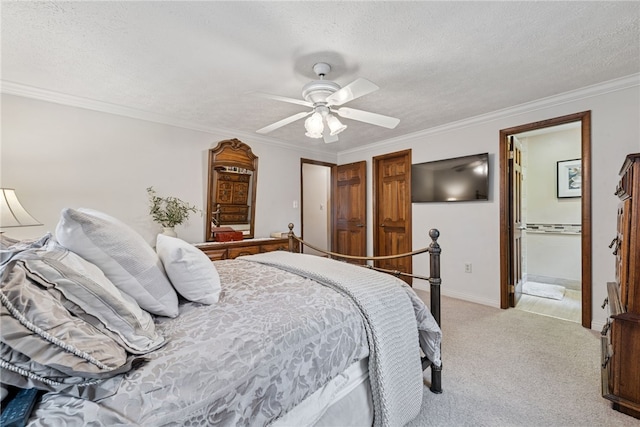 511 Brunswick Dr, Hempfield Twp, PA 15601 - bedroom with light carpet, crown molding, a textured ceiling, and a ceiling fan