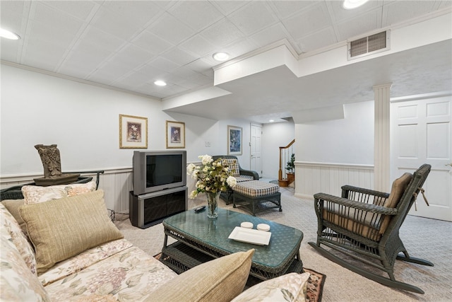 511 Brunswick Dr, Hempfield Twp, PA 15601 - living area with light colored carpet, wainscoting, ornamental molding, stairway, and recessed lighting
