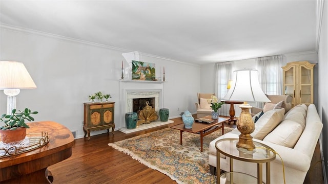 817 Wainwright Dr, Mt Lebanon, PA 15228 - living room featuring crown molding, dark wood-style floors, and a fireplace