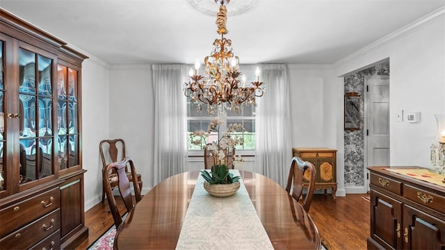 817 Wainwright Dr, Mt Lebanon, PA 15228 - dining room featuring a chandelier, dark wood-style flooring, and crown molding