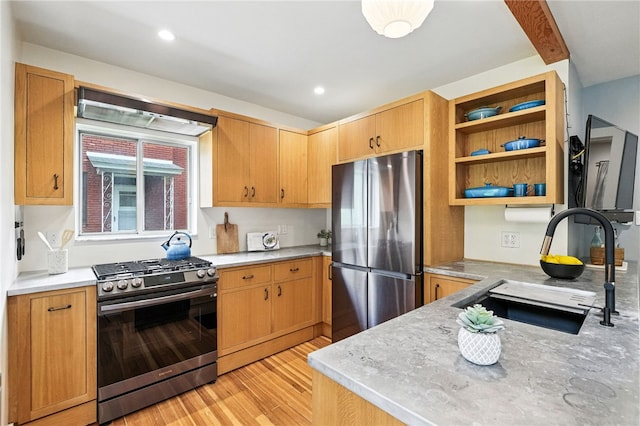 4329 Stanton Ave, Stanton Heights, PA 15201 - kitchen with stainless steel appliances, light wood-style floors, open shelves, and recessed lighting