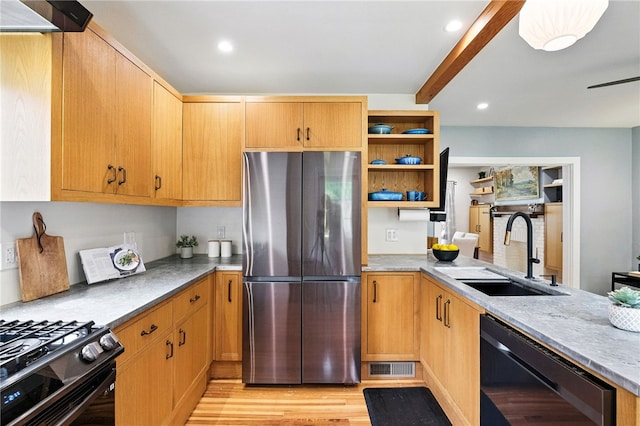 4329 Stanton Ave, Stanton Heights, PA 15201 - kitchen featuring stainless steel appliances, light wood-type flooring, open shelves, recessed lighting, and beam ceiling