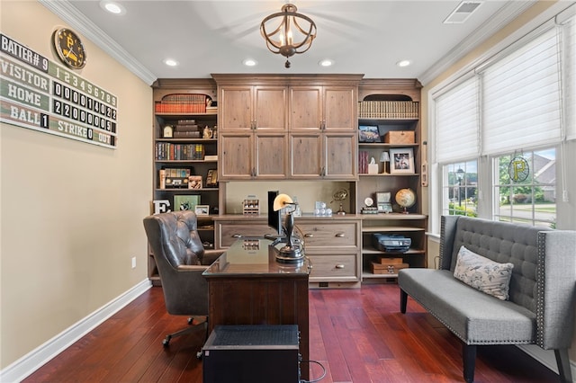 3111 Edelweiss Ct Ste 201, Adams Twp, PA 16046 - office space featuring ornamental molding, dark wood-style flooring, recessed lighting, and built in study area