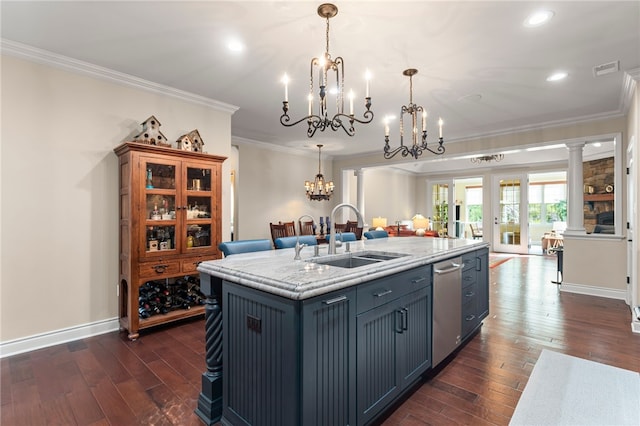 3111 Edelweiss Ct Ste 201, Adams Twp, PA 16046 - kitchen featuring open floor plan, a chandelier, ornamental molding, dark wood-style flooring, and stainless steel dishwasher