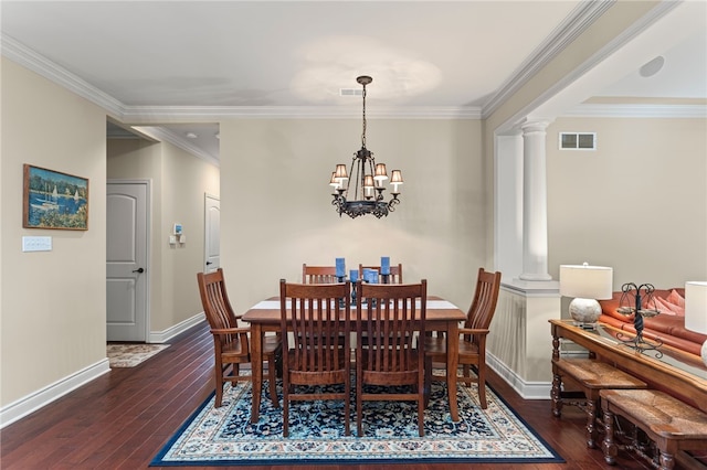 3111 Edelweiss Ct Ste 201, Adams Twp, PA 16046 - dining space featuring ornate columns, wood-type flooring, ornamental molding, and a chandelier