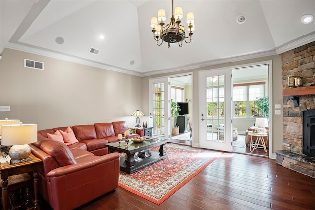 3111 Edelweiss Ct Ste 201, Adams Twp, PA 16046 - living room featuring a chandelier, dark wood-style flooring, ornamental molding, high vaulted ceiling, and recessed lighting
