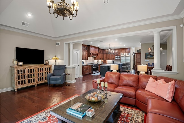 3111 Edelweiss Ct Ste 201, Adams Twp, PA 16046 - living area with ornate columns, a chandelier, dark wood finished floors, recessed lighting, and crown molding