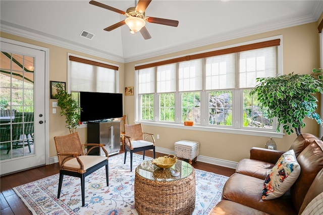 3111 Edelweiss Ct Ste 201, Adams Twp, PA 16046 - living room featuring plenty of natural light, hardwood / wood-style floors, a ceiling fan, and ornamental molding