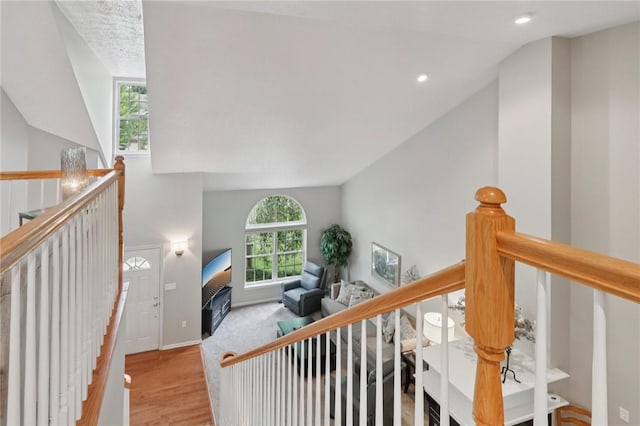 774 Norwegian Spruce Dr, Adams Twp, PA 16046 - stairs with vaulted ceiling, healthy amount of natural light, wood finished floors, and recessed lighting