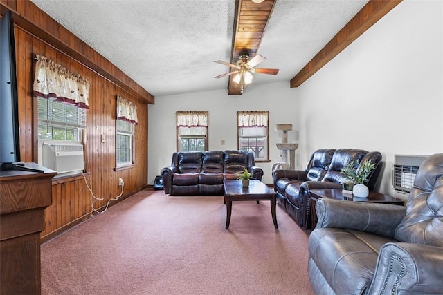 3914 38th St, Pulaski Twp, PA 15066 - living room with a ceiling fan, carpet, a textured ceiling, wooden walls, and cooling unit
