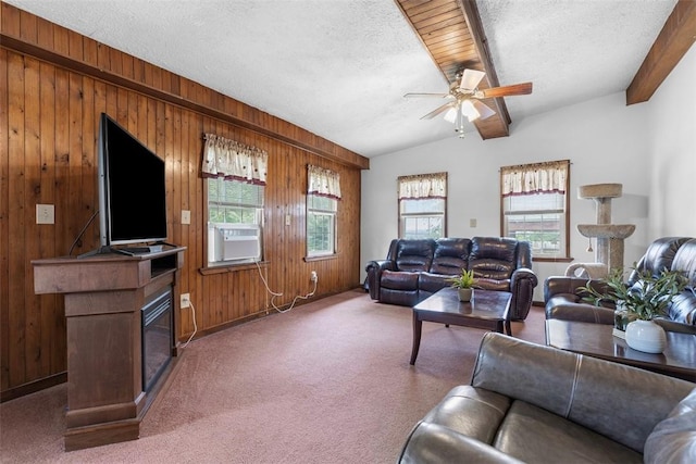 3914 38th St, Pulaski Twp, PA 15066 - living room with a textured ceiling, plenty of natural light, a ceiling fan, wooden walls, and carpet