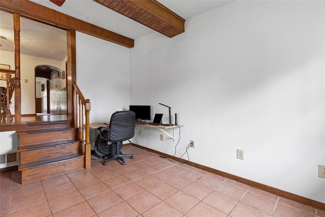 3914 38th St, Pulaski Twp, PA 15066 - office area featuring light tile patterned floors, beamed ceiling, and arched walkways