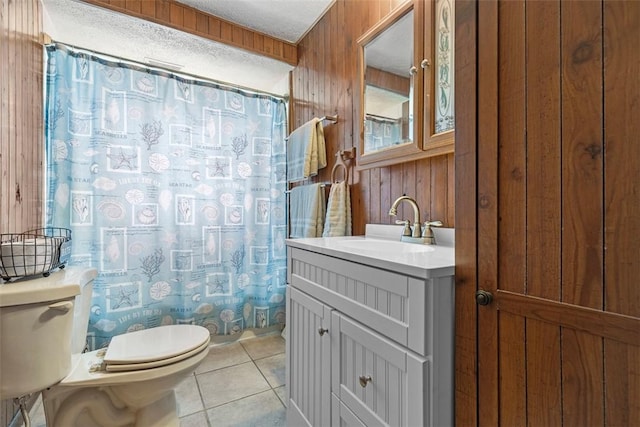 3914 38th St, Pulaski Twp, PA 15066 - bathroom with wood walls, vanity, tile patterned floors, and a shower with curtain