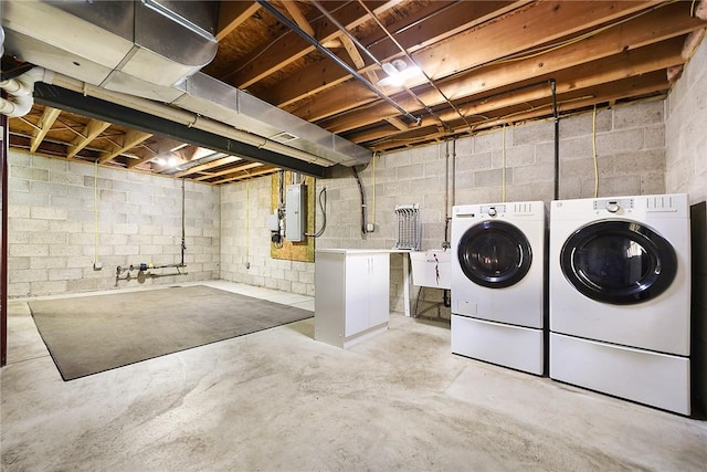 538 Bluegrass Dr, Canonsburg, PA 15317 - unfinished basement with washing machine and clothes dryer, electric panel, and concrete block wall