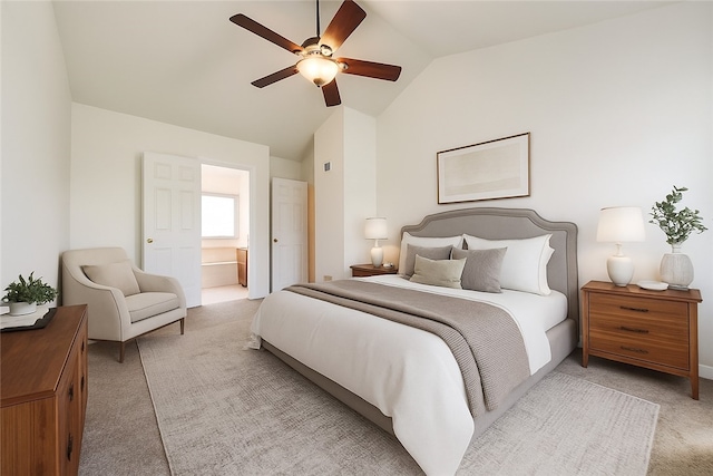 538 Bluegrass Dr, Canonsburg, PA 15317 - bedroom with light carpet, vaulted ceiling, connected bathroom, and ceiling fan