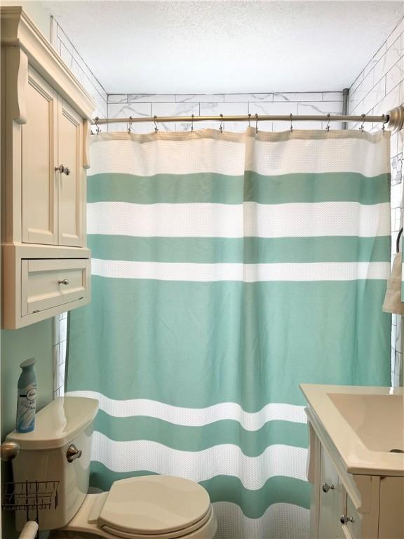 1069 Martin Ave, New Kensington, PA 15068 - bathroom with vanity, a textured ceiling, and curtained shower