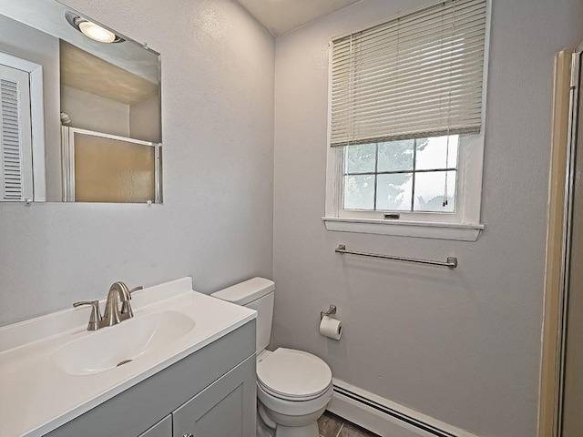 881 Ridge Rd, Harmony Twp, PA 15003 - full bathroom with vanity, a shower with shower door, and baseboard heating