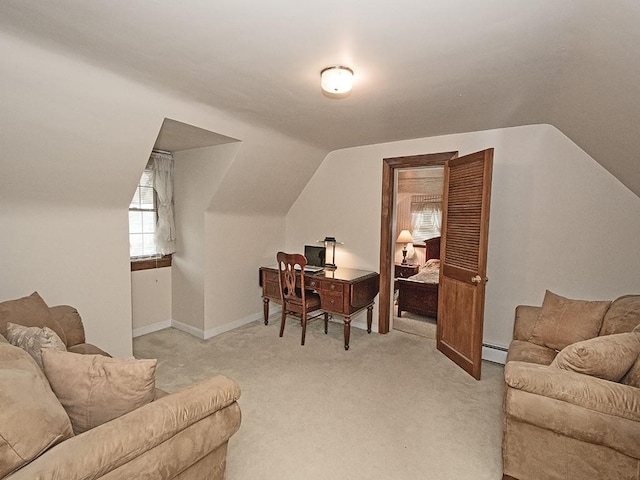 881 Ridge Rd, Harmony Twp, PA 15003 - office space with a baseboard heating unit, carpet floors, lofted ceiling, and healthy amount of natural light