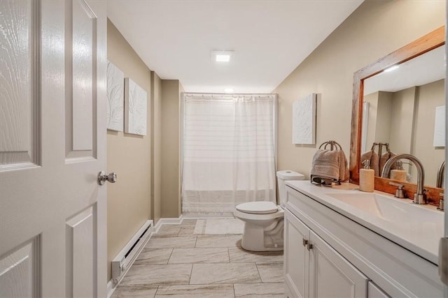 7321 Ringertown Rd, Murrysville, PA 15632 - bathroom with a baseboard radiator, vanity, marble finish floors, and curtained shower