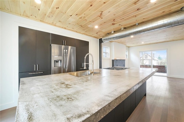 233 E 21st Ave, Munhall, PA 15120 - kitchen with stainless steel refrigerator with ice dispenser, modern cabinets, wood ceiling, dark wood-style floors, and recessed lighting