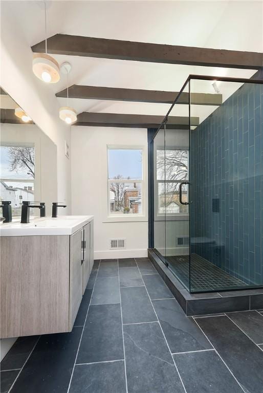 233 E 21st Ave, Munhall, PA 15120 - full bath with vanity, tile patterned flooring, a stall shower, plenty of natural light, and beamed ceiling