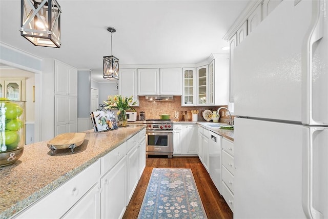 1544 Eldorado Dr, Hopewell Twp, PA 15001 - kitchen with freestanding refrigerator, designer range, white cabinets, and dark wood-style flooring