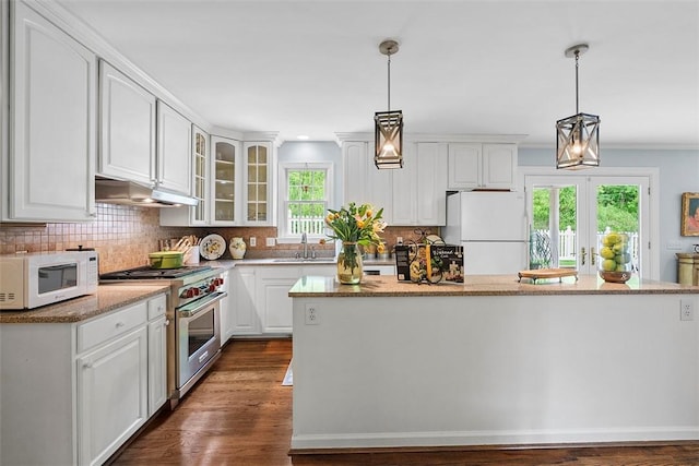 1544 Eldorado Dr, Hopewell Twp, PA 15001 - kitchen with white appliances, white cabinetry, glass insert cabinets, dark wood-style floors, and crown molding