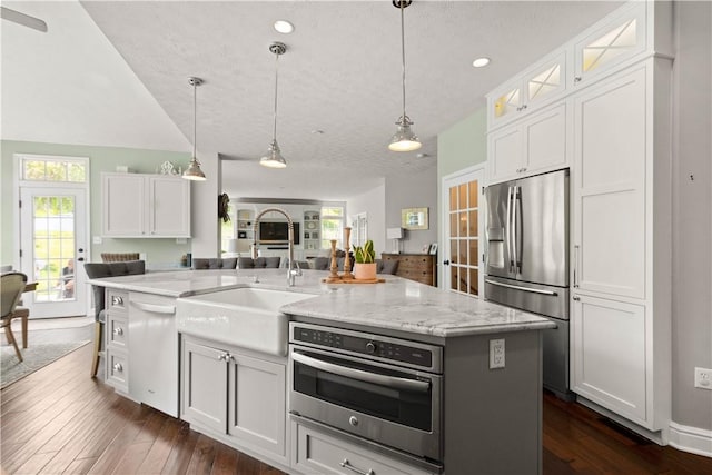237 Clever Rd, Robinson Twp, PA 15136 - kitchen featuring appliances with stainless steel finishes, white cabinetry, dark wood finished floors, and recessed lighting