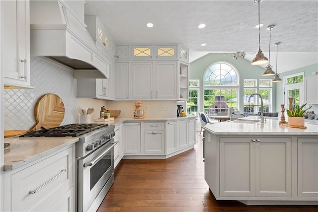 237 Clever Rd, Robinson Twp, PA 15136 - kitchen with high end stove, premium range hood, white cabinetry, open shelves, and vaulted ceiling