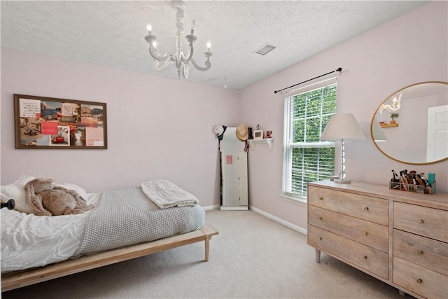 237 Clever Rd, Robinson Twp, PA 15136 - bedroom with light carpet, a chandelier, and a textured ceiling