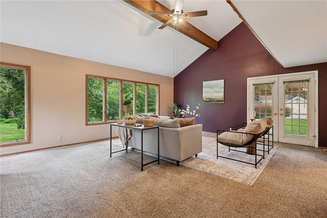 110 Four Seasons Ln, Irwin, PA 15642 - carpeted living area with beamed ceiling, french doors, a ceiling fan, and high vaulted ceiling