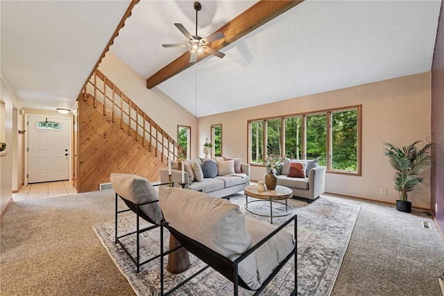 110 Four Seasons Ln, Irwin, PA 15642 - living area featuring stairway, light colored carpet, and a ceiling fan