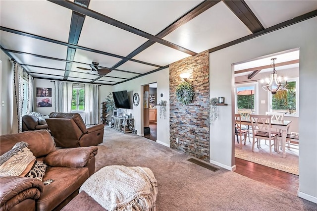 2725 N Neshannock Rd, Sharpsville, PA 16150 - carpeted living area featuring a chandelier, coffered ceiling, and plenty of natural light