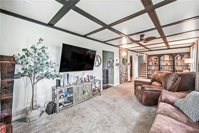 2725 N Neshannock Rd, Sharpsville, PA 16150 - living room with coffered ceiling, carpet flooring, stairs, and built in features