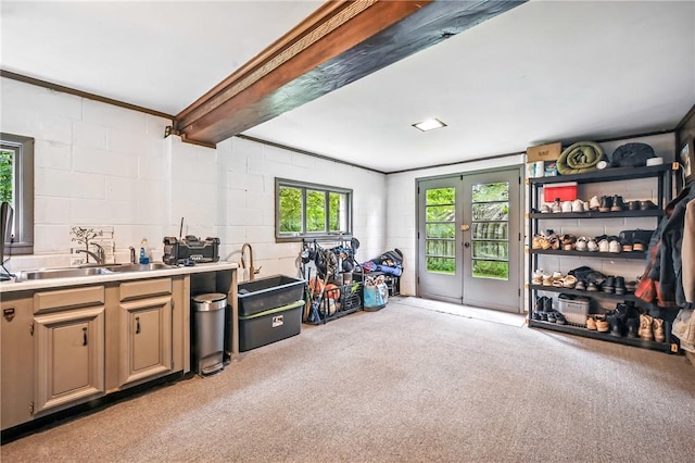 2725 N Neshannock Rd, Sharpsville, PA 16150 - interior space featuring light carpet, concrete block wall, french doors, and crown molding