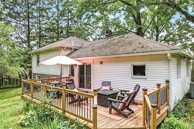 2725 N Neshannock Rd, Sharpsville, PA 16150 - rear view of property with a deck, a chimney, a shingled roof, and outdoor dining area