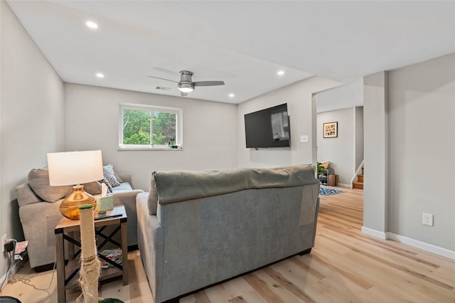 4 Thornridge Rd, Kilbuck Twp, PA 15202 - living room with light wood finished floors, stairway, recessed lighting, and ceiling fan