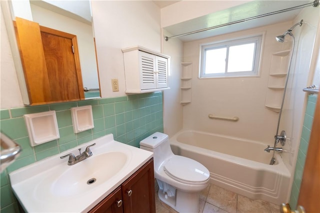 1819 Sundeman St, Troy Hill, PA 15212 - bathroom featuring shower / bathtub combination, vanity, tile walls, tile patterned flooring, and a wainscoted wall