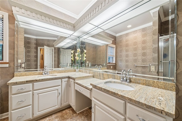 14 Amy Way S, Union Twp, PA 15401 - full bathroom featuring crown molding, double vanity, and wallpapered walls