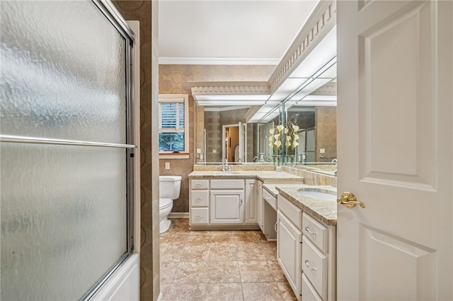14 Amy Way S, Union Twp, PA 15401 - full bath with vanity, a chandelier, wallpapered walls, ornamental molding, and bath / shower combo with glass door