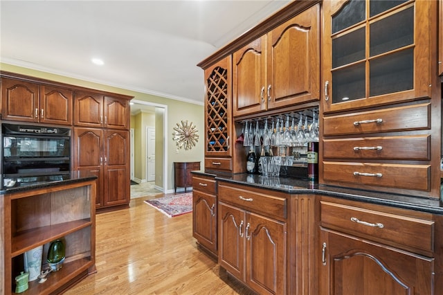 14 Amy Way S, Union Twp, PA 15401 - kitchen with ornamental molding, glass insert cabinets, light wood-style flooring, open shelves, and dark stone countertops
