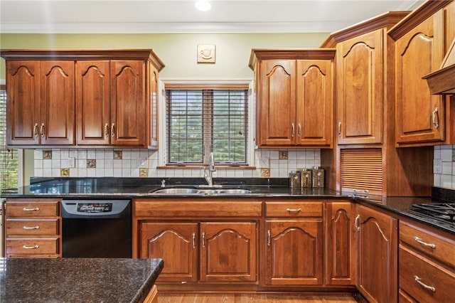 14 Amy Way S, Union Twp, PA 15401 - kitchen featuring black dishwasher, range hood, dark stone countertops, healthy amount of natural light, and crown molding