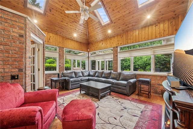 14 Amy Way S, Union Twp, PA 15401 - living area featuring a skylight, high vaulted ceiling, wood finished floors, a ceiling fan, and recessed lighting