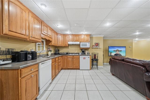 14 Amy Way S, Union Twp, PA 15401 - kitchen featuring white appliances, under cabinet range hood, open floor plan, light tile patterned floors, and dark countertops