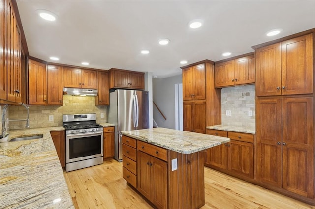 1717 Gina Dr, West Mifflin, PA 15122 - kitchen featuring appliances with stainless steel finishes, under cabinet range hood, backsplash, light wood finished floors, and recessed lighting