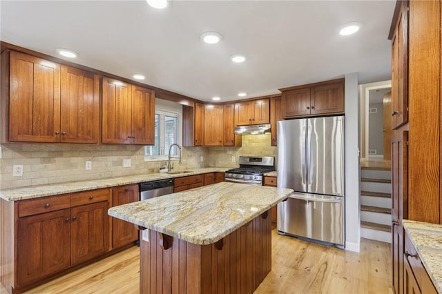 1717 Gina Dr, West Mifflin, PA 15122 - kitchen with stainless steel appliances, under cabinet range hood, light wood-type flooring, tasteful backsplash, and recessed lighting